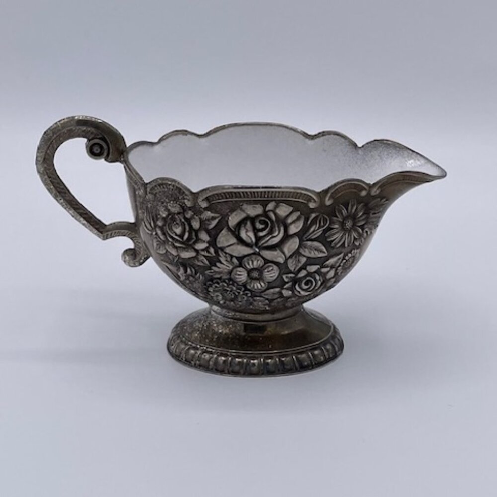 Silver Plated White Enamel Interior Creamer Roses Floral Tarnished 2.75" Inch